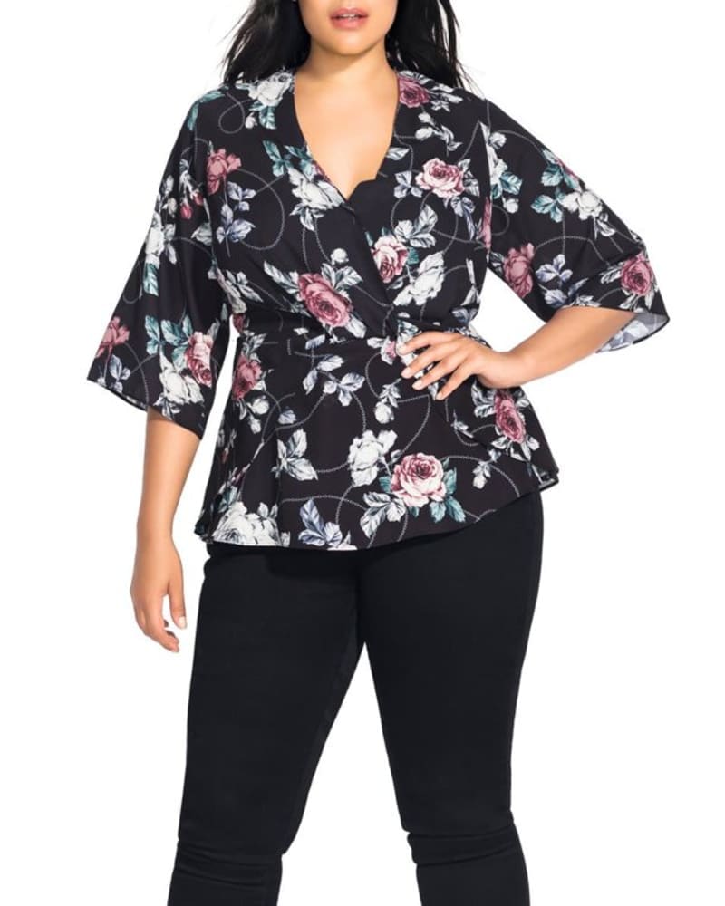 Front of a model wearing a size XS City Chic Women's Trendy Plus Rose Chain Top Black Size XS in Black by City Chic. | dia_product_style_image_id:311135